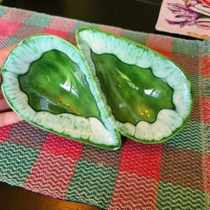 Vintage avocado green ceramic double bowl